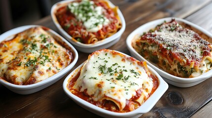Three lasagna dishes with varied ingredients served