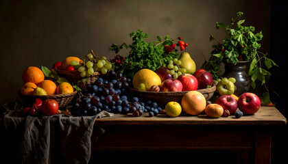 Autumn Harvest Still Life: Colorful Fruits in Rustic Setting