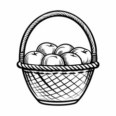 Fototapeta premium Monochrome hand-drawn vector of a woven basket full of eggs with curved handle, symbolizing Easter celebration, food collection, and rustic farm products 