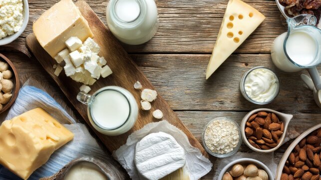 Assorted dairy products on wooden board, rustic kitchen setting with soft light.