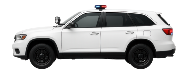 White police utility vehicle with side searchlight and rear LED flashers