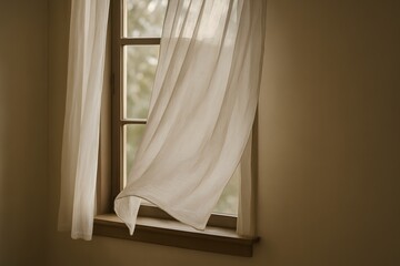 Serene Window View with Flowing White Curtain