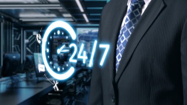 A businessman in a formal suit stands in front of a glowing digital clock displaying 24 hour service, symbolizing commitment and efficiency in a modern office environment. Qubit - Powered by Adobe