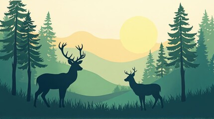 Silhouettes of deer in a tranquil forest landscape.