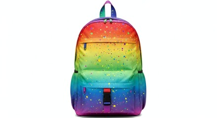 A colorful backpack with a rainbow gradient and star-like specks, hanging against a white background.