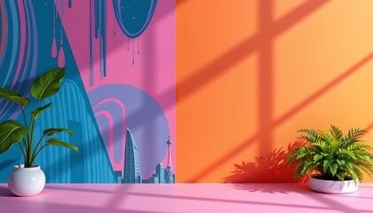 a modern indoor setting featuring a vibrant backdrop with abstract designs. two green potted plants are placed side by side on a table against a pink and blue patterned wall