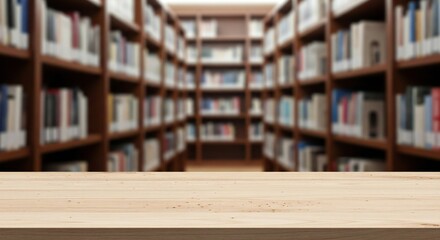 A blurred library background with rows of bookshelves and a light wooden surface in the foreground.