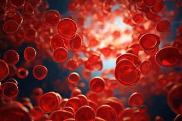 Red blood cells captured in electron microscopy alongside atom and molecule depiction