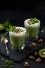 High resolution photo of two green smoothies in glasses topped with foam, mint leaves and crushed nuts, placed on a dark background with kiwi and walnuts, perfect for healthy food backgrounds

