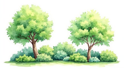 Lush greenery of trees and shrubs in a landscape scene.