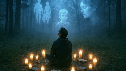 Medium performing an occult ritual in a dark forest at night, summoning ghostly apparitions of a family, surrounded by flickering candles and ancient books, creating an eerie atmosphere