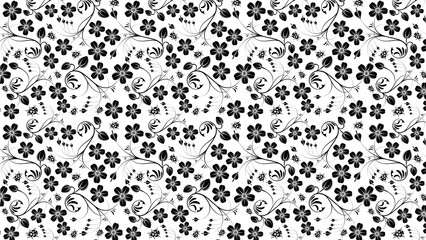 A repeating pattern of black flowers and vines with small ladybugs on a white background design style
