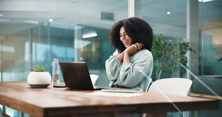 Laptop, smile and success with business woman in office for goals, good news or milestone....