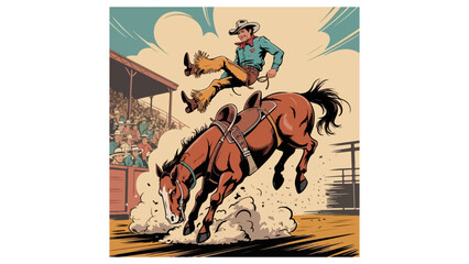 Obraz premium Vintage Rodeo Poster – Cowboy Riding Bucking Bronco in Action