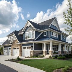 Modern Blue Suburban House with Spacious Yard Under a Clear Blue Sky