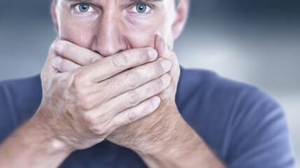 Naklejka premium Silent Secrecy: A close-up image of a man with concern eyes and hand covering his mouth, symbolizing restraint, suppression, and unspoken thoughts.