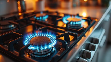 Close-up of two gas burners on a stovetop, vibrant blue flames.  Warm kitchen lighting
