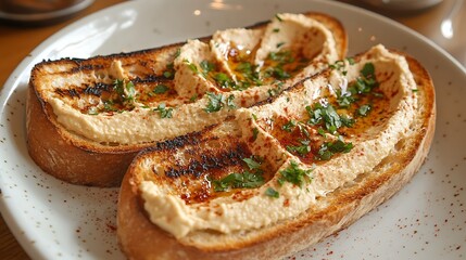 Three slices of toasted sourdough bread with hummus