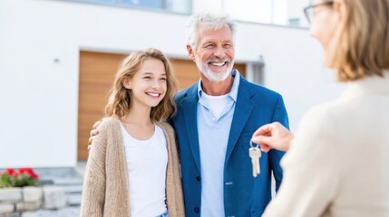 Fototapeta premium Happy Family Receiving House Keys: A happy family, father, daughter, and real estate agent, smiles at new home's key handover in front of a modern house. 