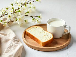 Simple Breakfast: Milk and Bread with White Flowers