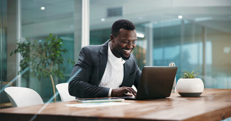 Business, excited and black man with laptop, success and profit growth with investment, internet or...