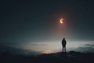 Fototapeta premium man alone at night on mountain top watching a total lunar eclipse and city lights