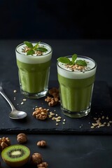 High resolution photo of two green smoothies in glasses topped with foam, mint leaves and crushed nuts, placed on a dark background with kiwi and walnuts, perfect for healthy food backgrounds

