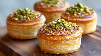 Three small pastries with green nuts on top