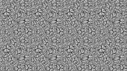 Black and white abstract pattern featuring swirling geometric shapes in a dense arrangement design