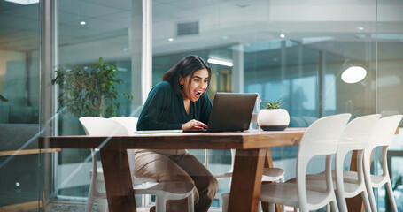 Laptop, surprise and profit with business woman in office for investment success, account growth...