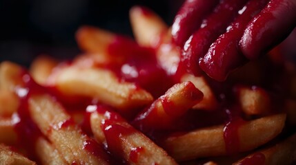 Close up of ketchup drenched fries and greasy fingers
