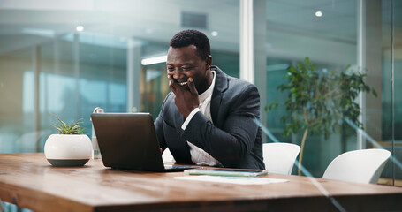 Laptop, surprise and winner with business black man in office for investment profit, account growth...