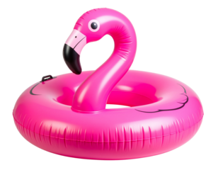 Bright pink inflatable flamingo pool float, front view isolated on transparent background PNG