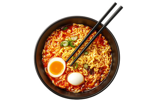 Hot and spicy Korean ramen noodles with chopped green onion boiled egg in black bowl, isolated on white transparent background