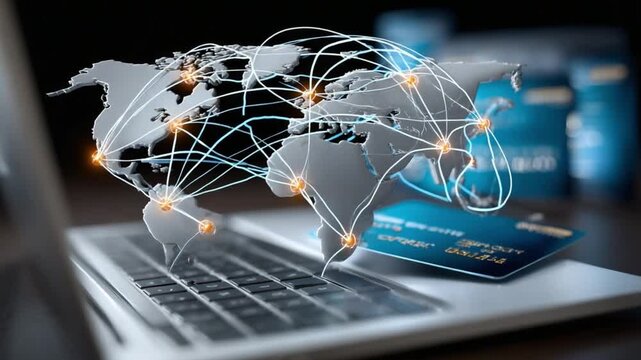 Global Connection Through Finance: A modern representation of global finance with a world map overlaid on a laptop, highlighting international networks and transactions alongside credit card.
