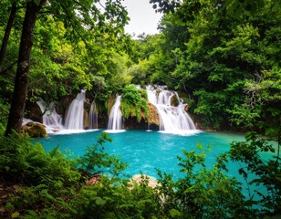 Lush waterfall cascading into a turquoise pool, surrounded by dense greenery