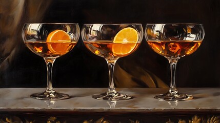 Three wineglasses with aperitif