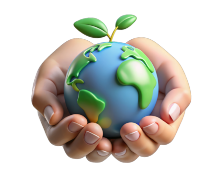 Human hands gently cradle a growing planet earth with a green sprout isolated on transparent background