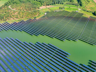 Photovoltaic panels aerial photography on water