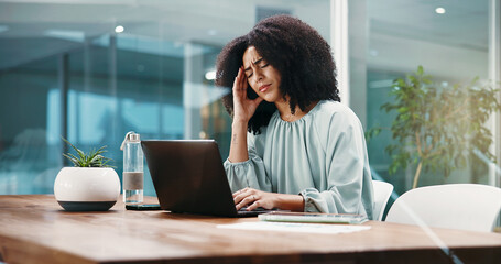 Woman, headache and laptop with stress in office for mistake, financial crisis or debt. Female...
