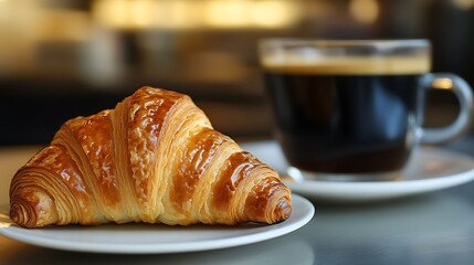Tip of a croissant dipped into an espresso coffe