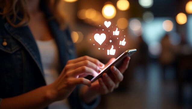Close up of hands holding a smartphone with social media likes and hearts floating above