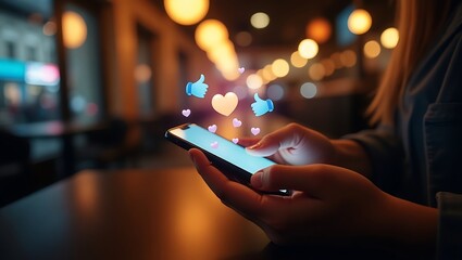 Person using smartphone with social media likes and hearts appearing from screen
