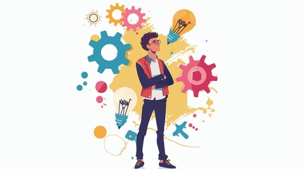Fototapeta premium Creative thinker presents new ideas surrounded by gears and lightbulbs in an innovative business and educational setting.
