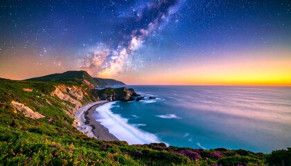 Coastal panorama at night with milky way