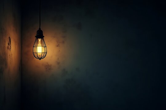 Single hanging industrial cage light bulb illuminates dark textured wall image