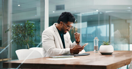 Business, celebration and man in office, smartphone and cheering with email for promotion. Happy...