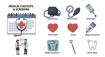 A medical checkup and health screening vector illustration showcases various medical icons like blood pressure, heart health, blood sugar testing, and dental care.