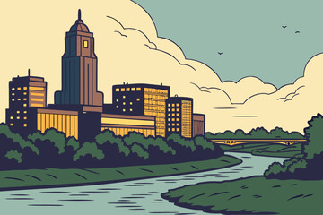 Obraz premium A scenic view of the Omaha skyline at dusk with warm lights reflecting off the Missouri River and clouds drifting above, modern flat illustration style.