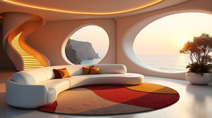 Modern minimalist living room with circular white sofa and coastal sunset view